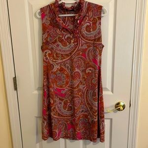 Tommy Hilfiger Paisley Orange + Pink Sleeveless Ruffle collar Dress. Size 10.